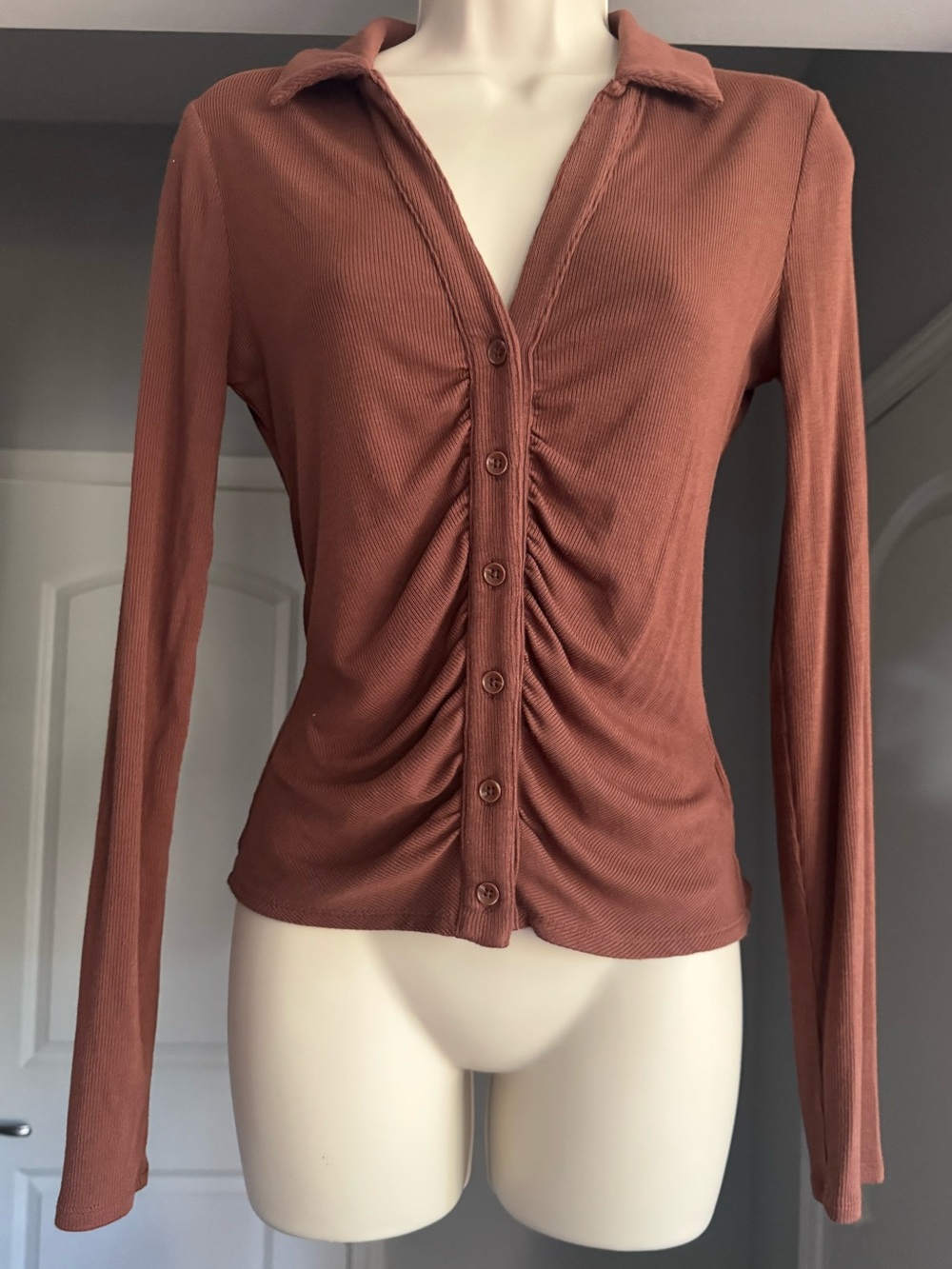PAIGE XS Brown Ribbed Ruched Button Front Collared Long Sleeve Modal Top Capsule